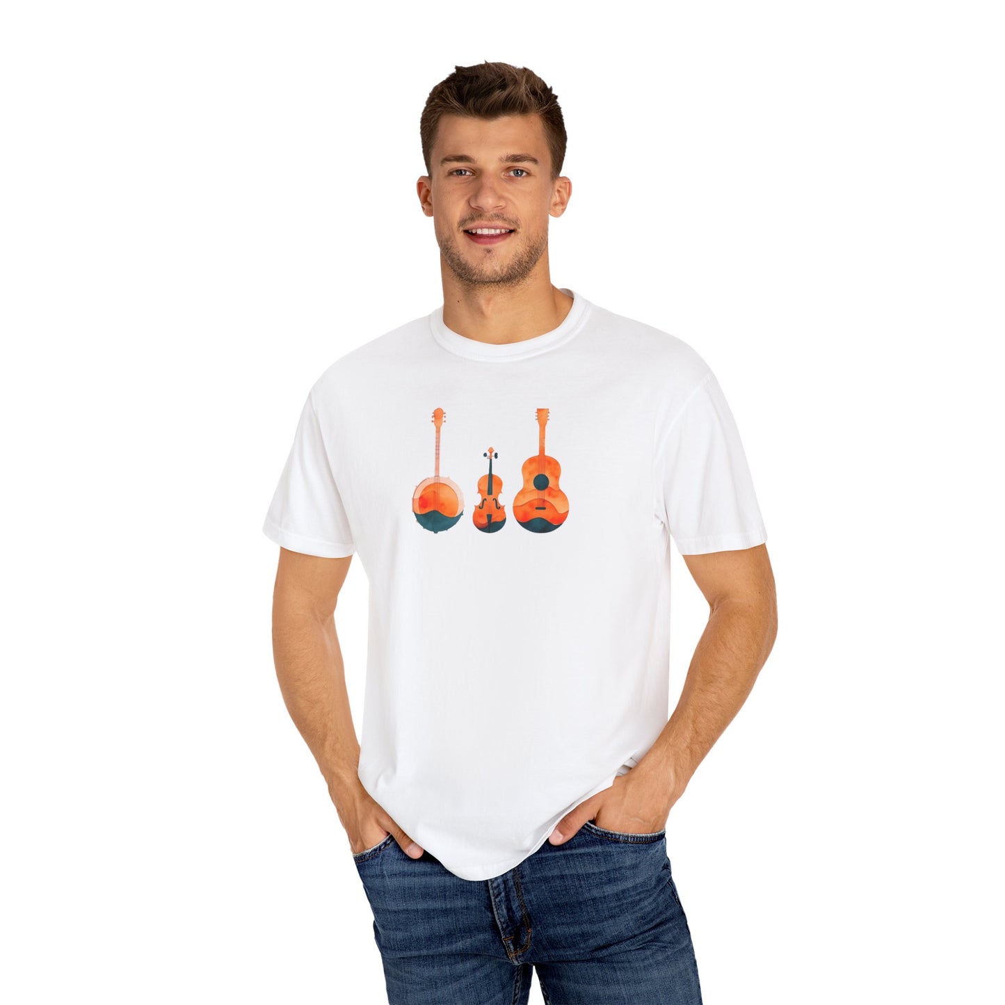 Watercolor Unisex T-Shirt w/ Banjo, Fiddle & Guitar