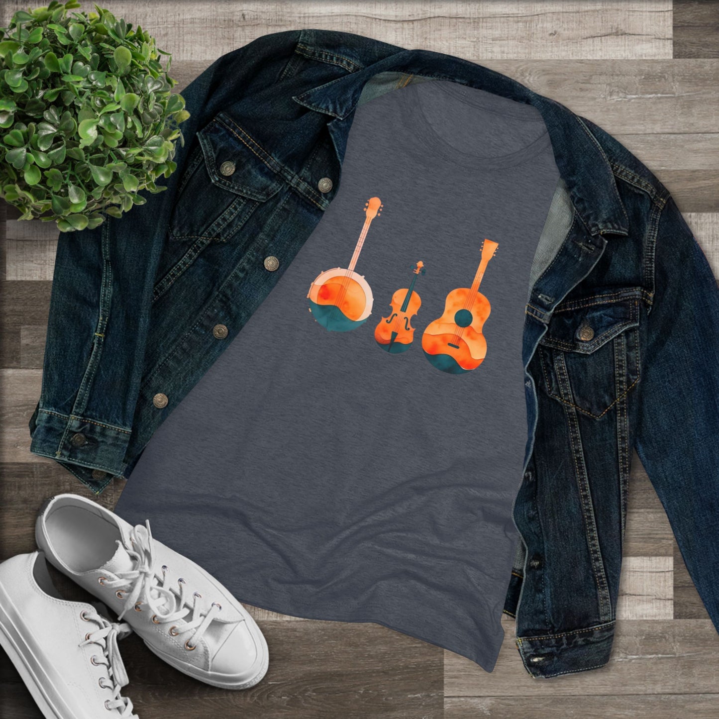 Watercolor Women's Triblend Tee w/ Banjo, Fiddle & Guitar