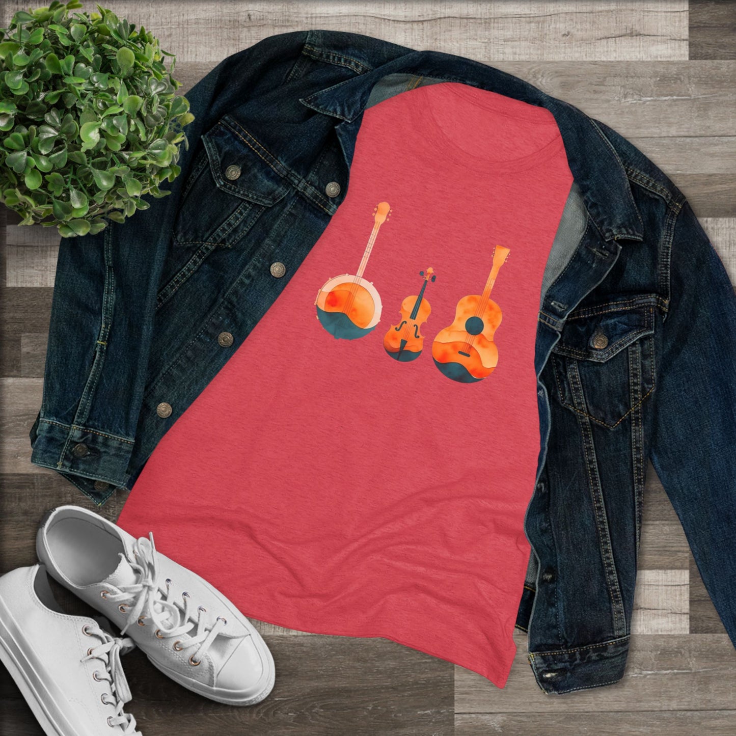 Watercolor Women's Triblend Tee w/ Banjo, Fiddle & Guitar