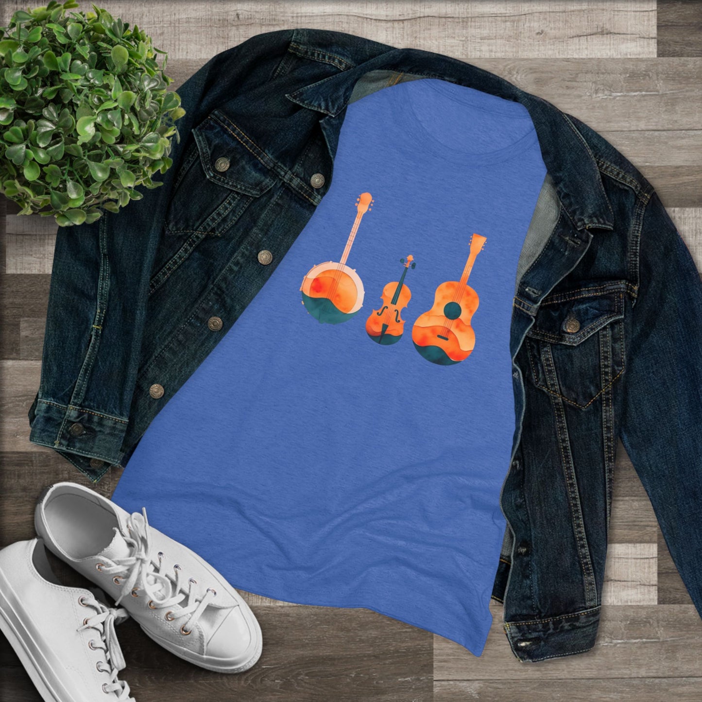 Watercolor Women's Triblend Tee w/ Banjo, Fiddle & Guitar