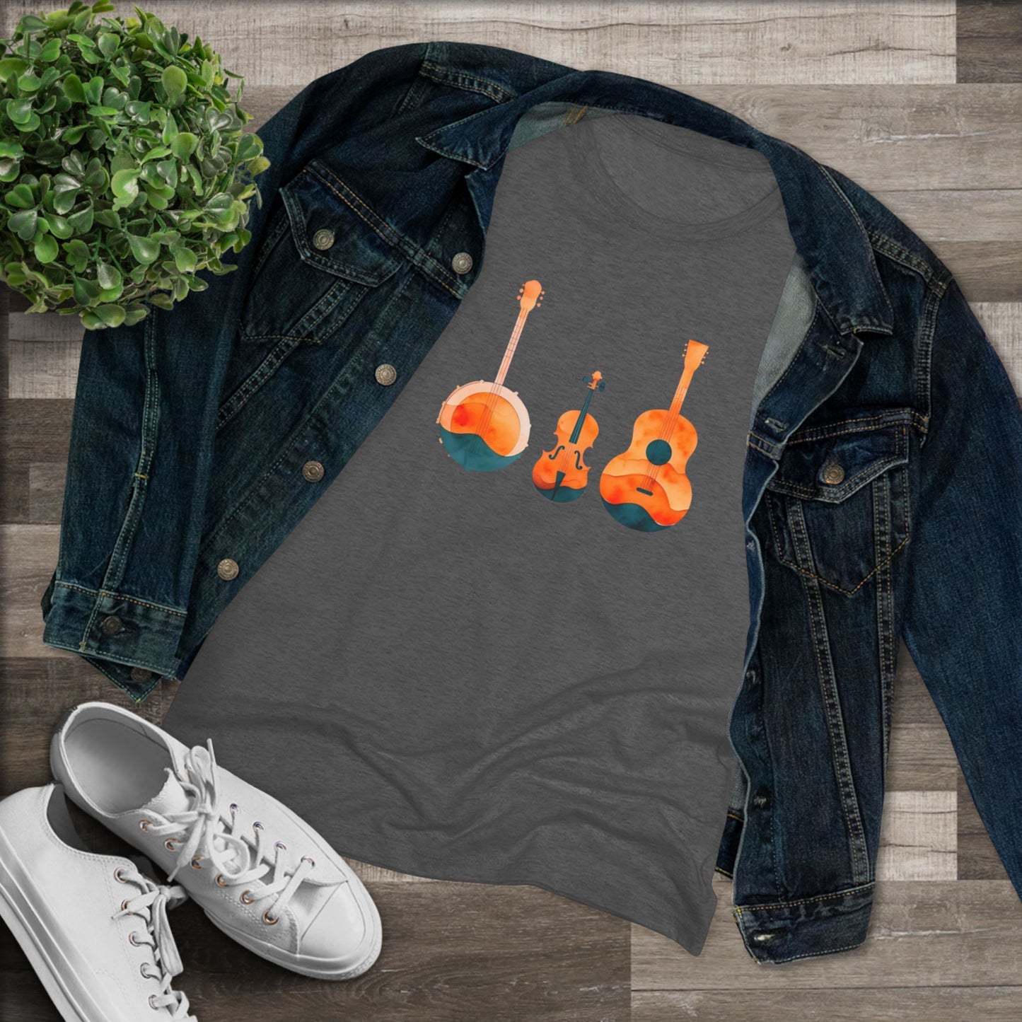 Watercolor Women's Triblend Tee w/ Banjo, Fiddle & Guitar