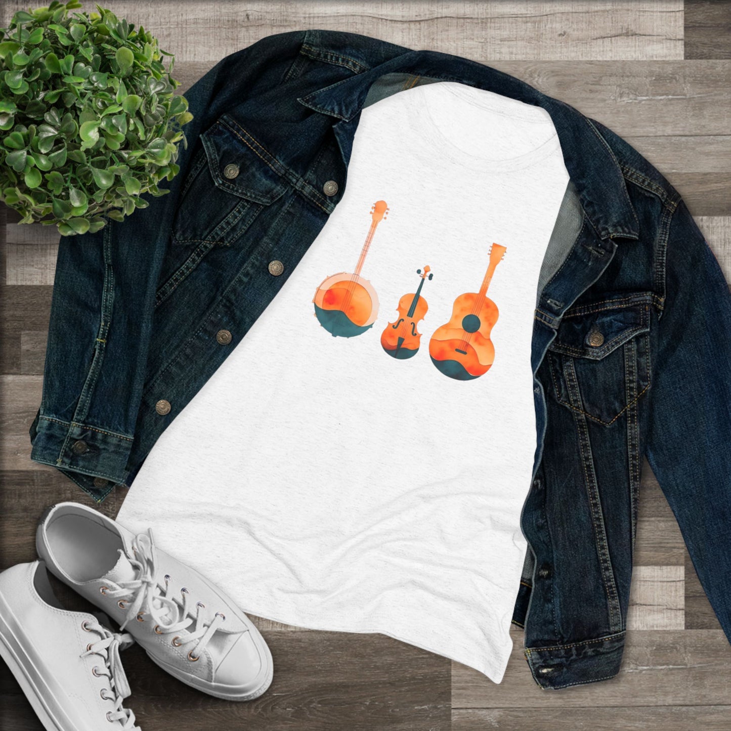 Watercolor Women's Triblend Tee w/ Banjo, Fiddle & Guitar